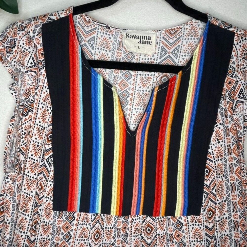 Savanna Jane Multicolor Embroidered Aztec Print Boho Flutter Sleeve Sarape Large - Picture 2 of 7